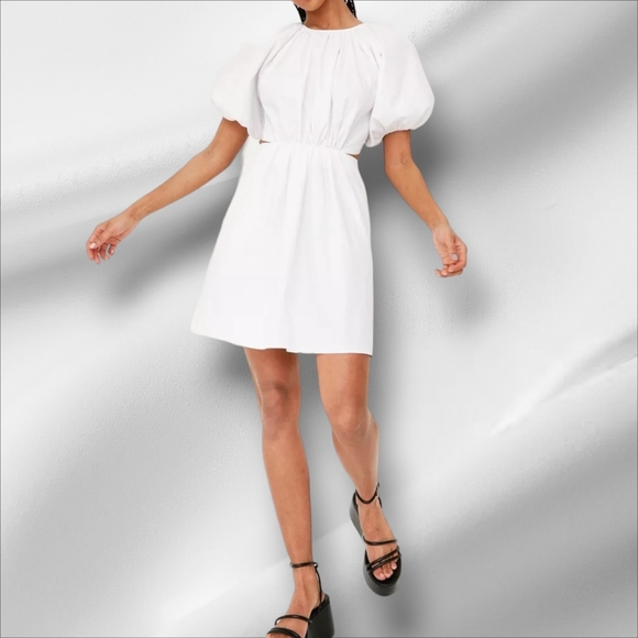 Old Navy Womens Waist-Defined Puff-Sleeve Cotton Poplin Side-Cutout Mini Dress - Picture 2 of 5